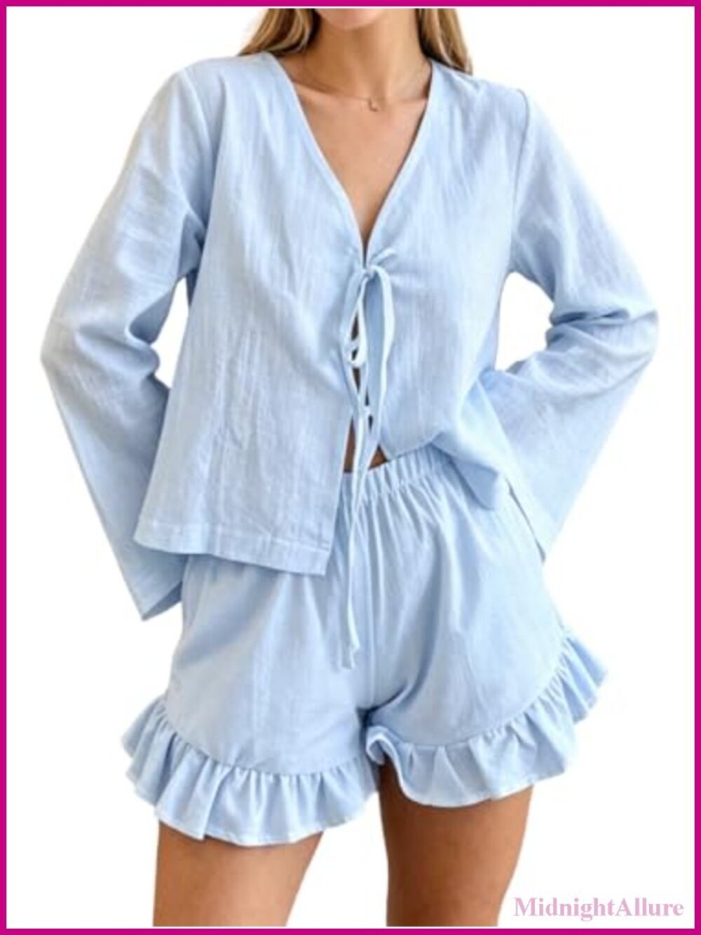 100% Cotton Womens Ruffle Pajama Set Tie Front Top and Shorts 2 Piece